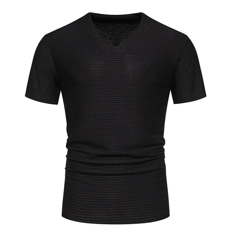 Men's Solid Striped Small V Neck Short Sleeve Casual T-shirt