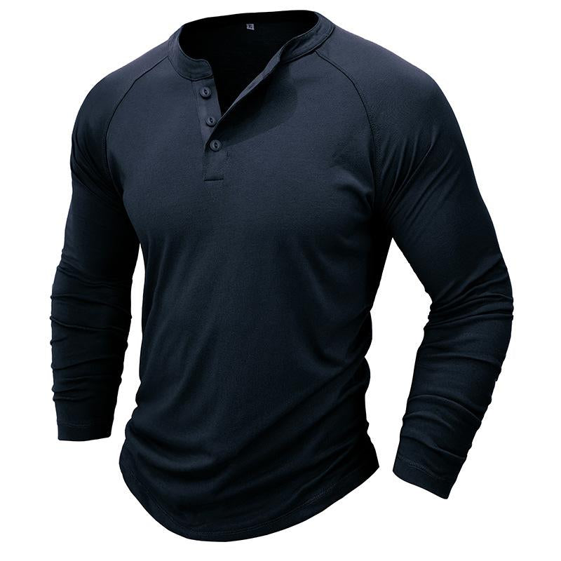 Men's Casual Solid Color Henley Collar Raglan Long Sleeve T-Shirt