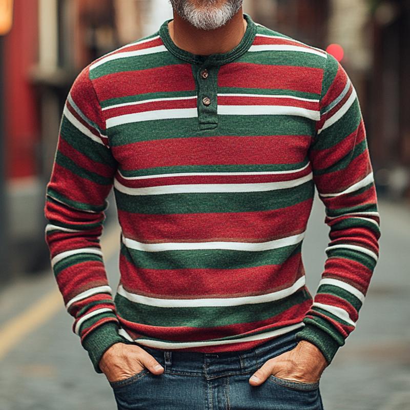 Men's Vintage Casual Christmas Striped Henley Long Sleeve T-Shirt