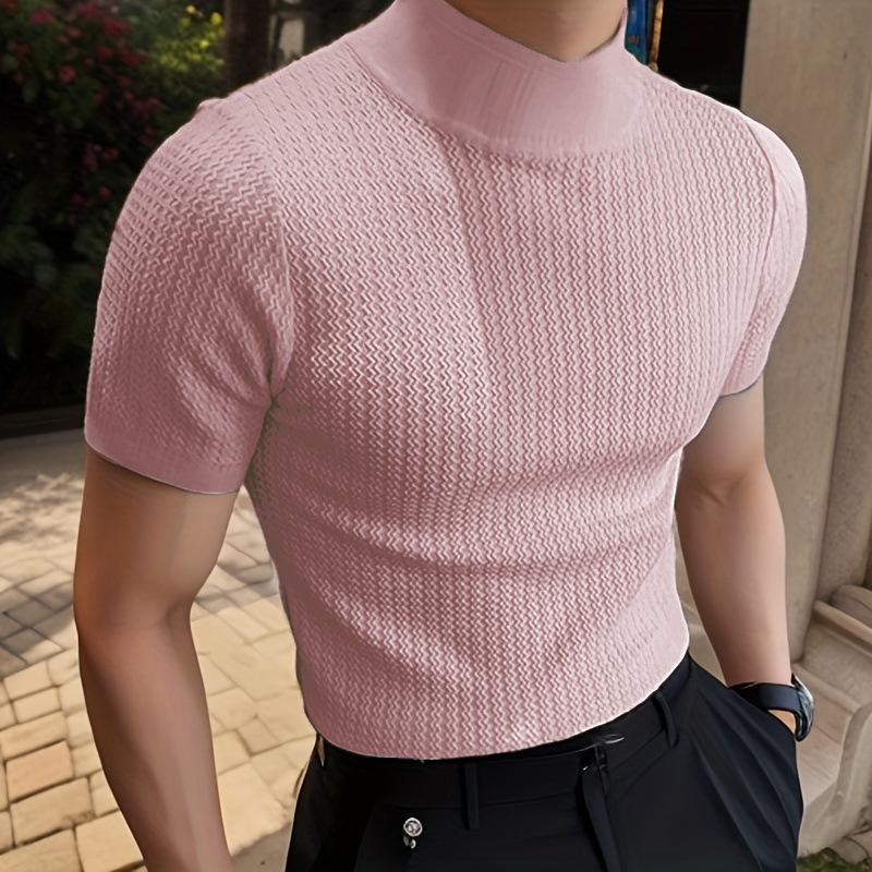 Men's Half Turtleneck Solid Color Tight Knitted Short-Sleeved T-Shirt