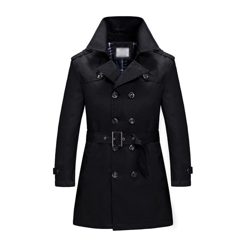 Men's Classic Lapel Double Breasted Slim Fit Belt Mid Length Trench Coat