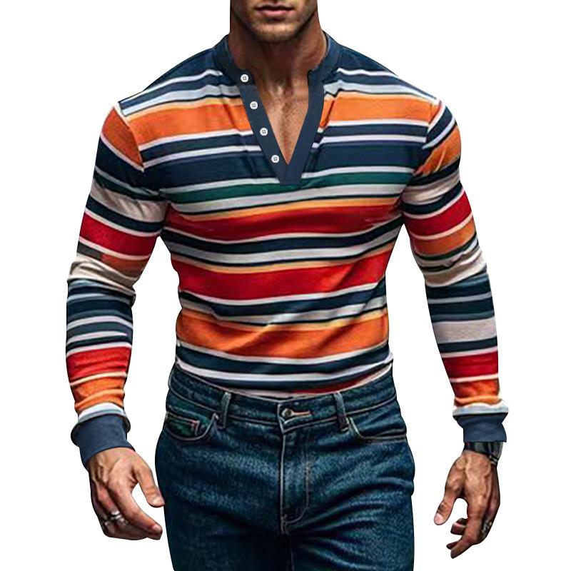 Men's Colorblock Striped Henley Collar Long Sleeve...