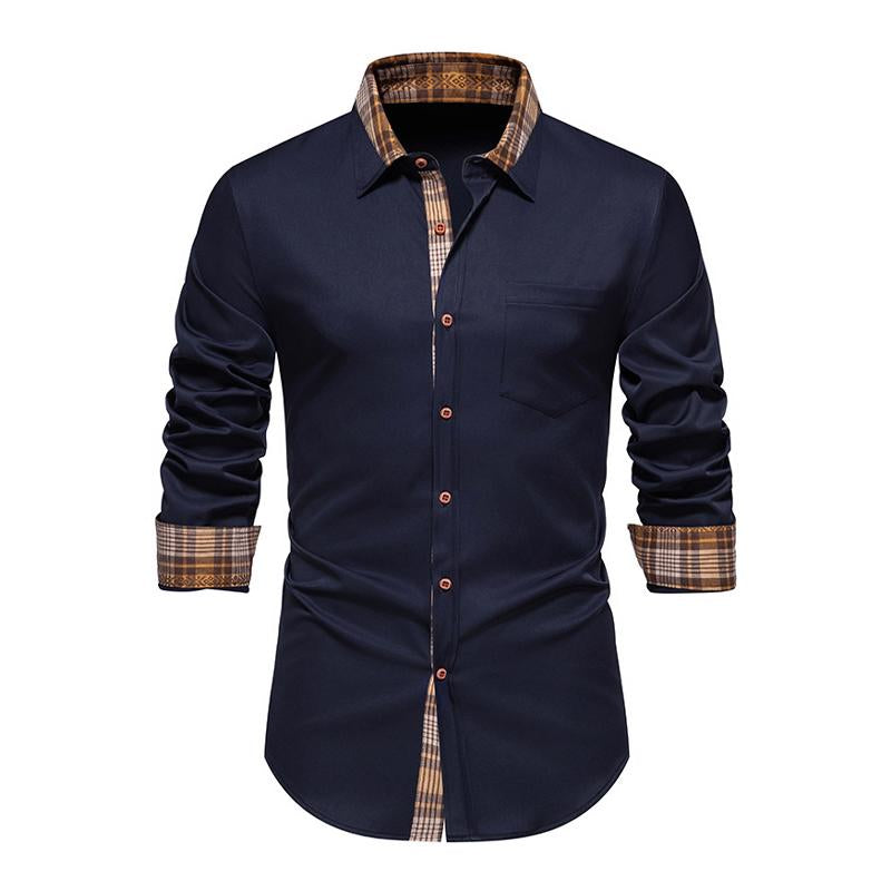 Men's Casual Plaid Color Block Lapel Long Sleeve Shirt