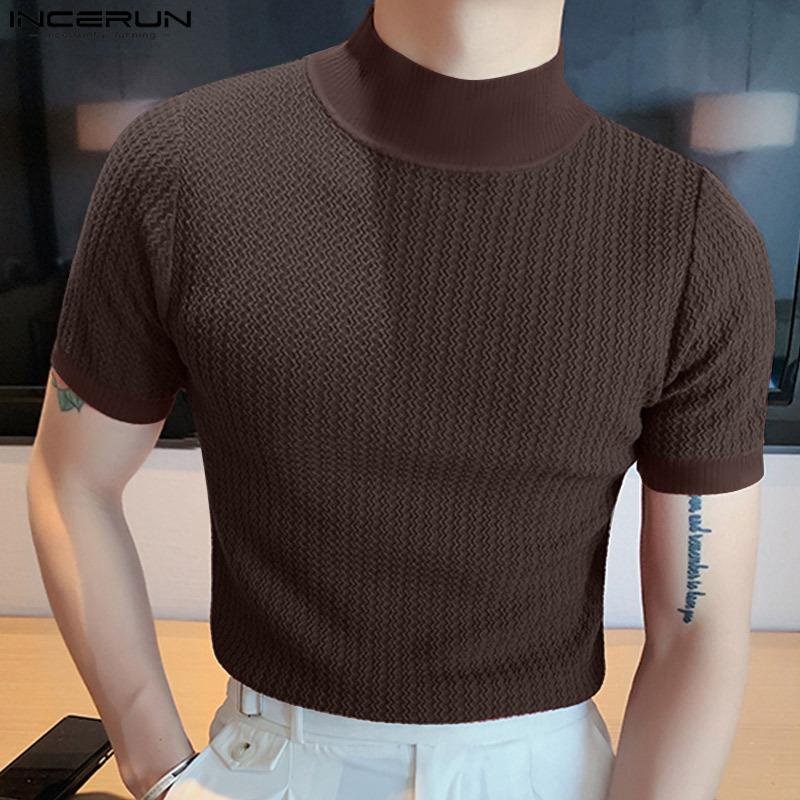 Men's Half Turtleneck Solid Color Tight Knitted Short-Sleeved T-Shirt