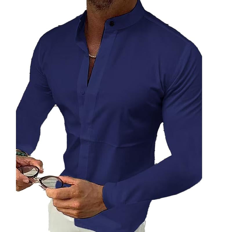 Men's Stand Collar Solid Color Long Sleeve Shirt