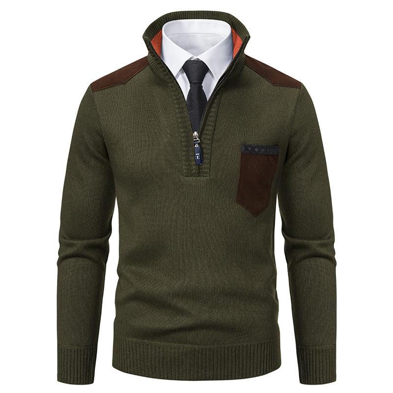 Men's Casual Retro Patchwork Pocket Stand Collar Zipper Sweater