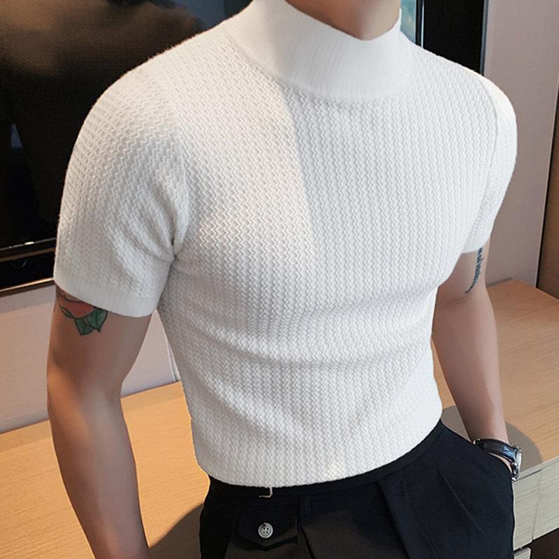 Men's Half Turtleneck Solid Color Tight Knitted Short-Sleeved T-Shirt