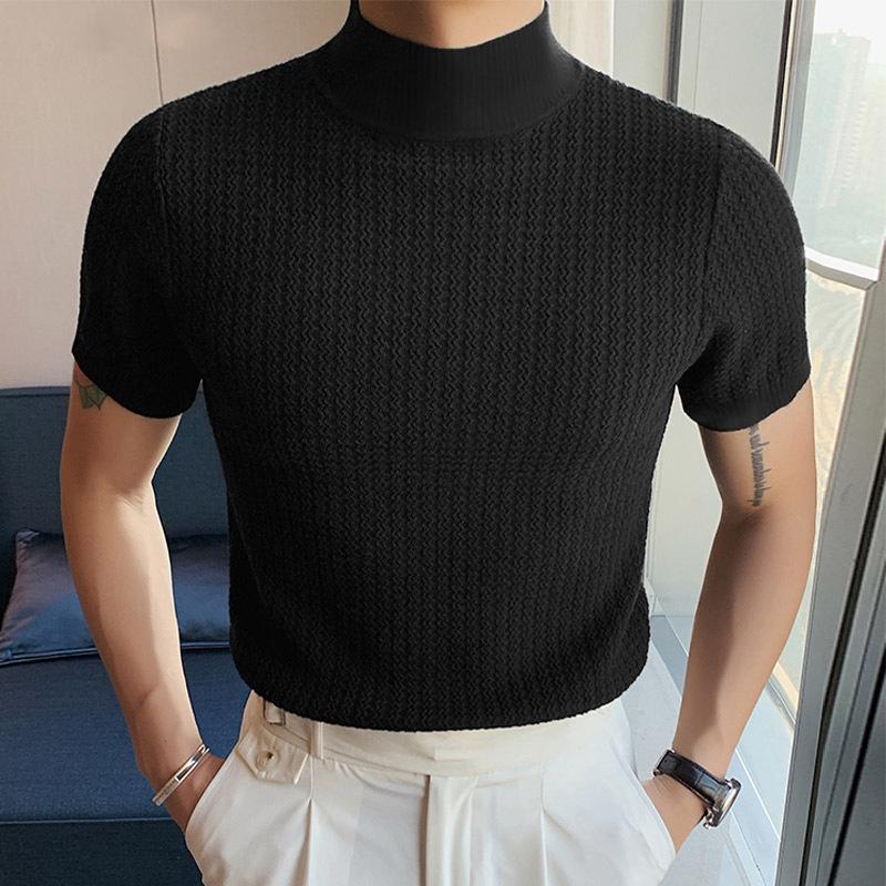 Men's Half Turtleneck Solid Color Tight Knitted Short-Sleeved T-Shirt