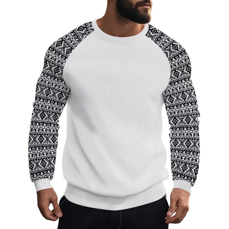 Men's Casual Waffle Print Patchwork Slim Fit Long Sleeve T-shirt