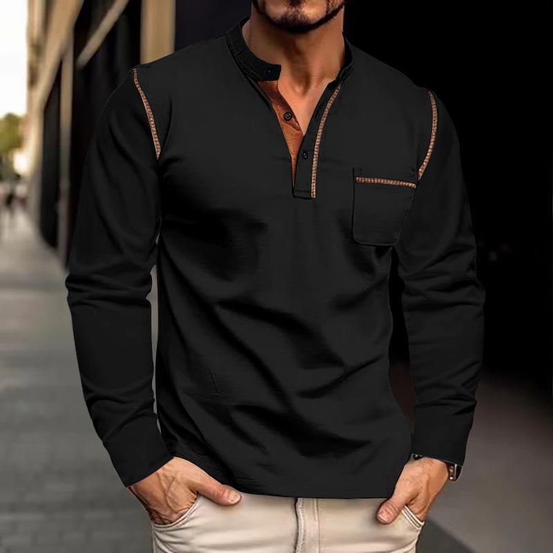 Men's Colorblock Henley Collar Breast Pocket Long Sleeve T-shirt