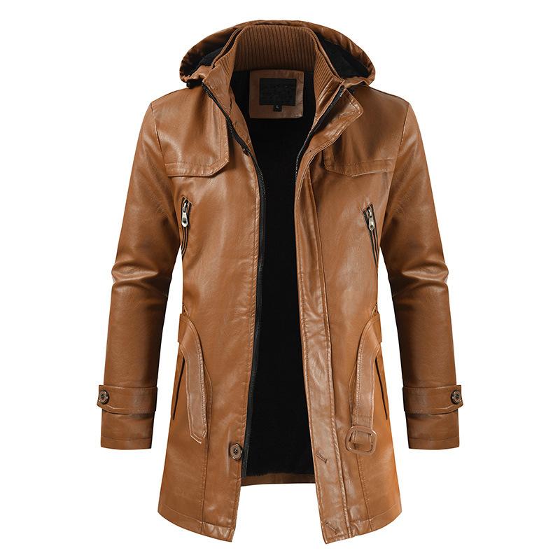 Men's Vintage Hooded Mid Length Leather Coat