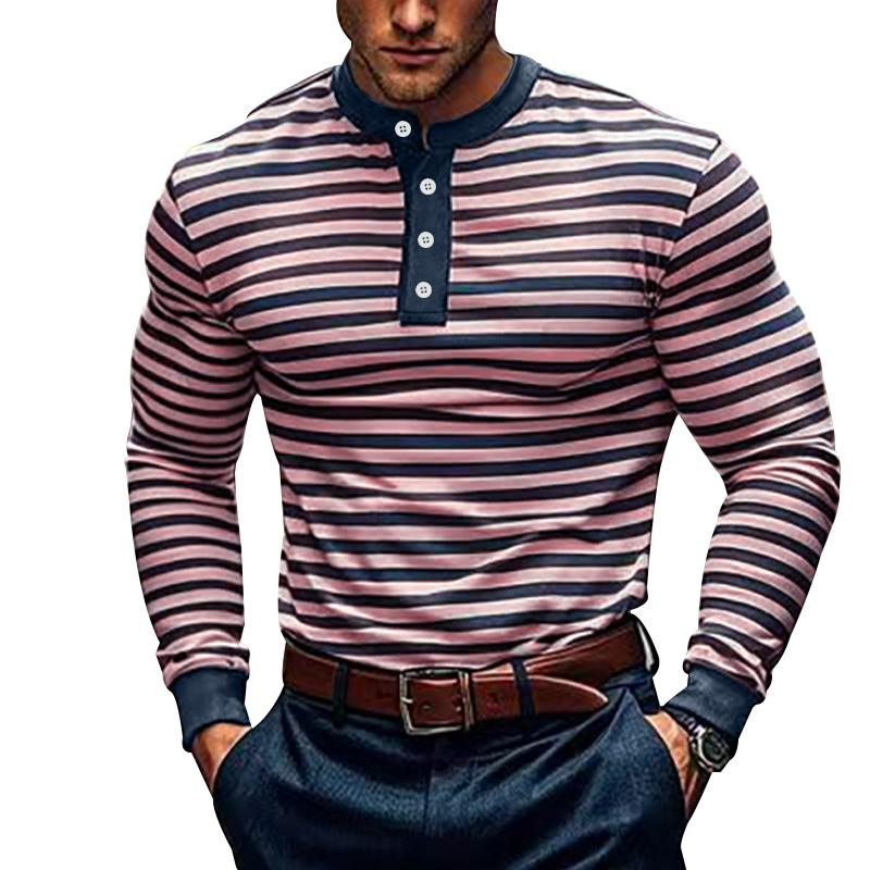 Men's Colorblock Striped Henley Collar Long Sleeve Casual T-shirt