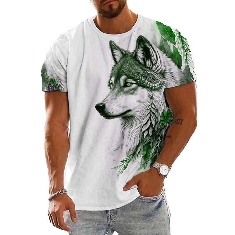 Men's Round Neck Wolf Head Print Short Sleeve T-Shirt