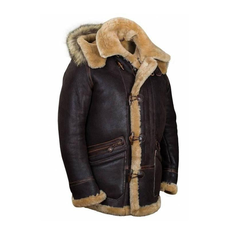 Men's Winter Zip Pocket Hooded Horn Buckle Fur Coat