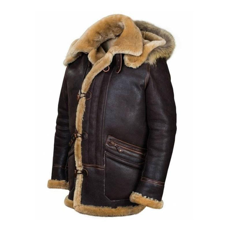 Men's Winter Zip Pocket Hooded Horn Buckle Fur Coa...