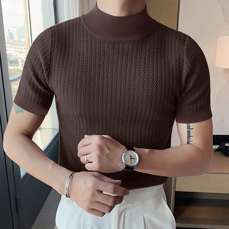 Men's Half Turtleneck Solid Color Tight Knitted Short-Sleeved T-Shirt