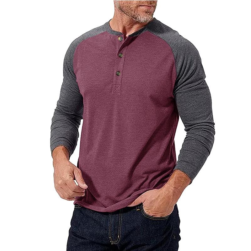 Men's Casual Colorblock Henley Collar Slim Fit Long Sleeve T-Shirt