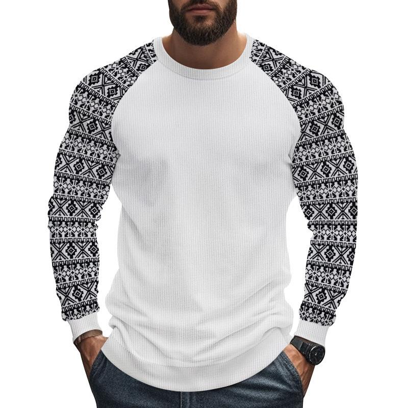 Men's Casual Waffle Print Patchwork Slim Fit Long Sleeve T-shirt