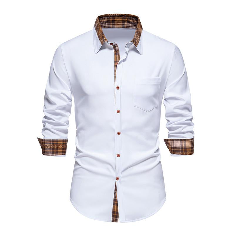 Men's Casual Plaid Color Block Lapel Long Sleeve Shirt