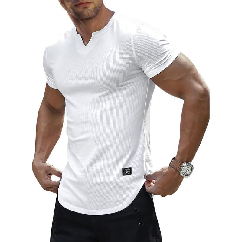 Men's Solid Color Knitted V-neck Short-sleeved T-shirt