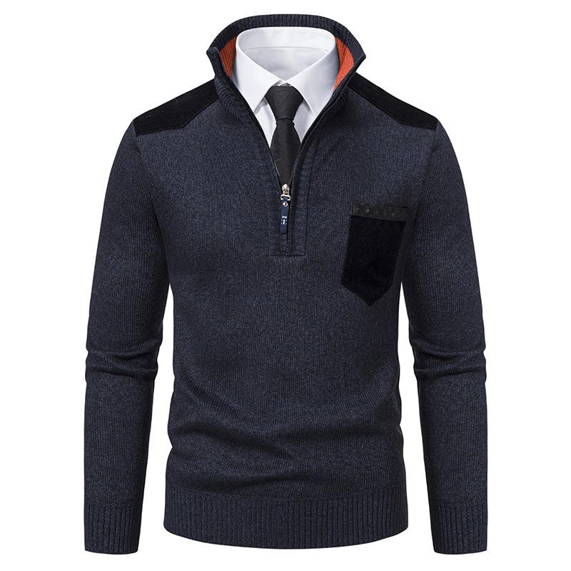 Men's Casual Retro Patchwork Pocket Stand Collar Zipper Sweater