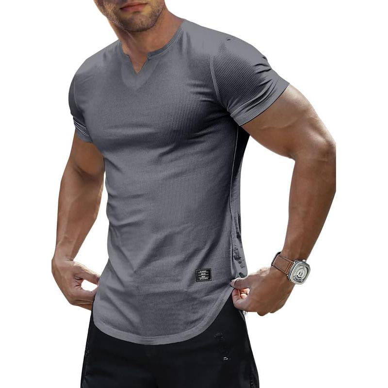 Men's Solid Color Knitted V-neck Short-sleeved T-s...