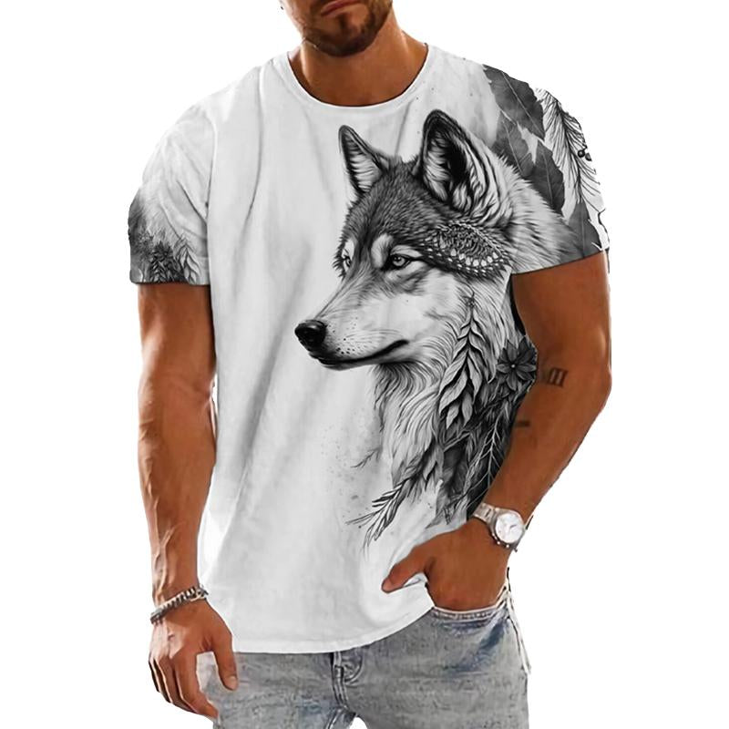 Men's Round Neck Wolf Head Print Short Sleeve T-Sh...