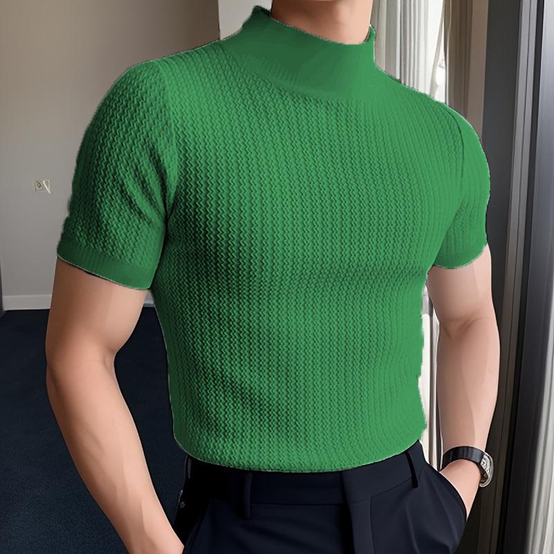 Men's Half Turtleneck Solid Color Tight Knitted Short-Sleeved T-Shirt