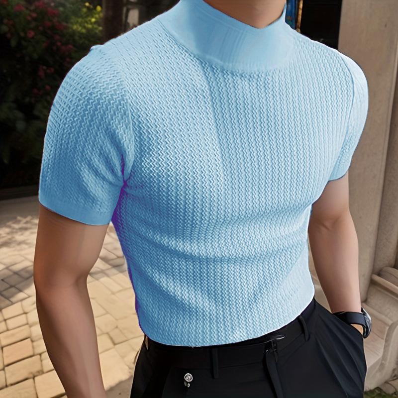 Men's Half Turtleneck Solid Color Tight Knitted Short-Sleeved T-Shirt