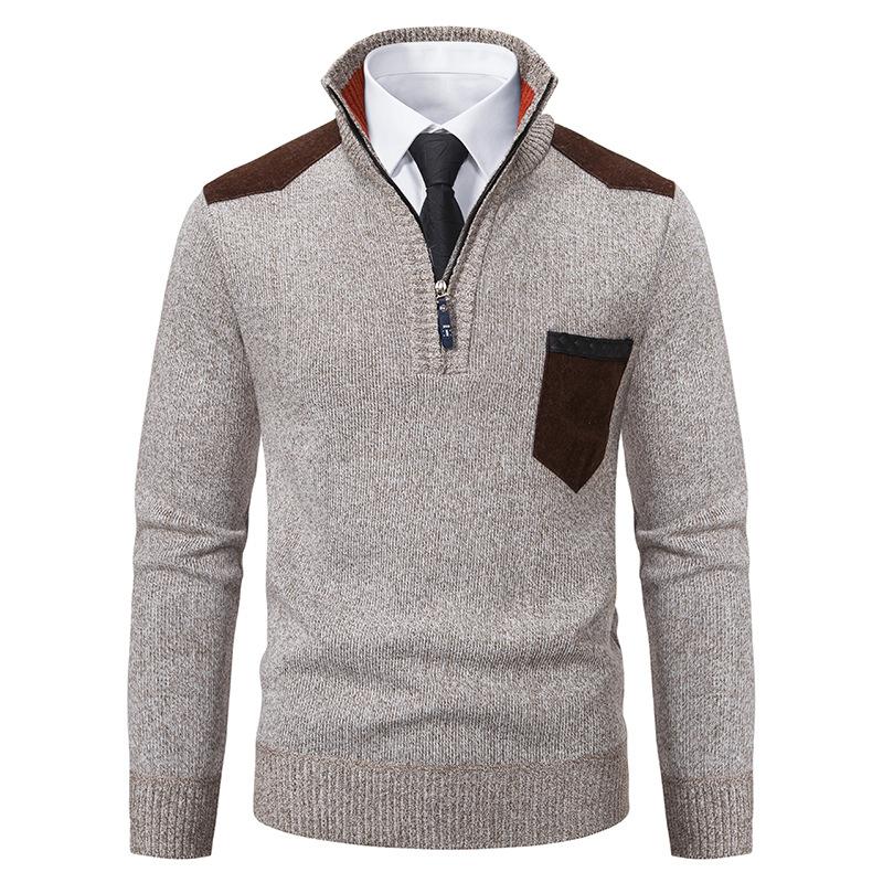 Men's Casual Retro Patchwork Pocket Stand Collar Zipper Sweater