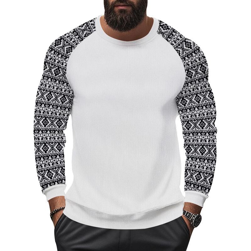 Men's Casual Waffle Print Patchwork Slim Fit Long Sleeve T-shirt