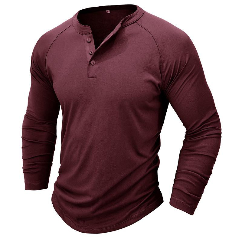 Men's Casual Solid Color Henley Collar Raglan Long Sleeve T-Shirt