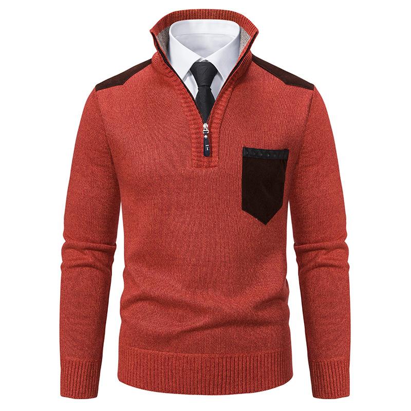 Men's Casual Retro Patchwork Pocket Stand Collar Zipper Sweater