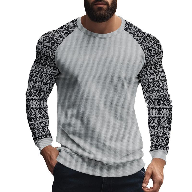 Men's Casual Waffle Print Patchwork Slim Fit Long Sleeve T-shirt