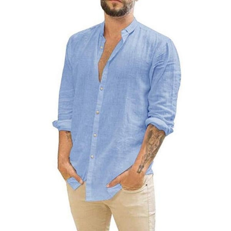 Men's Loose Casual Stand Collar Long Sleeve Shirt