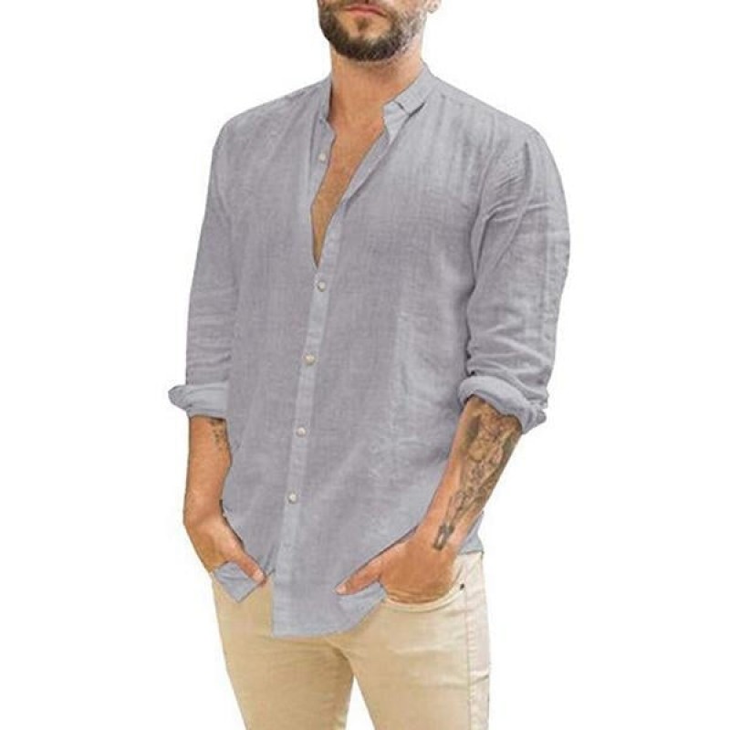 Men's Loose Casual Stand Collar Long Sleeve Shirt