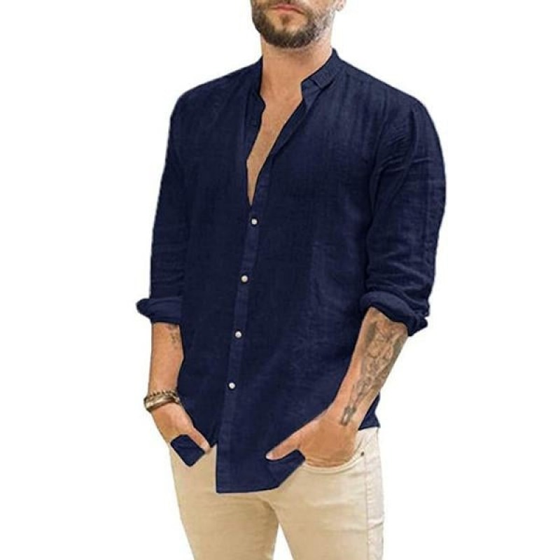 Men's Loose Casual Stand Collar Long Sleeve Shirt