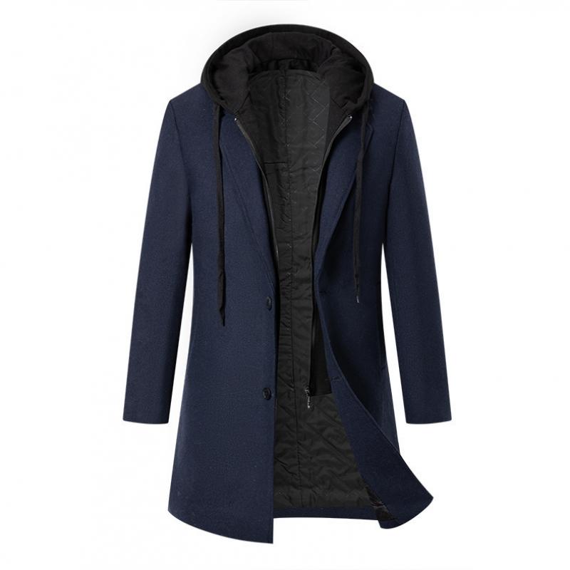 Men's Solid Color Padded Hooded Mid-Length Woolen Coat