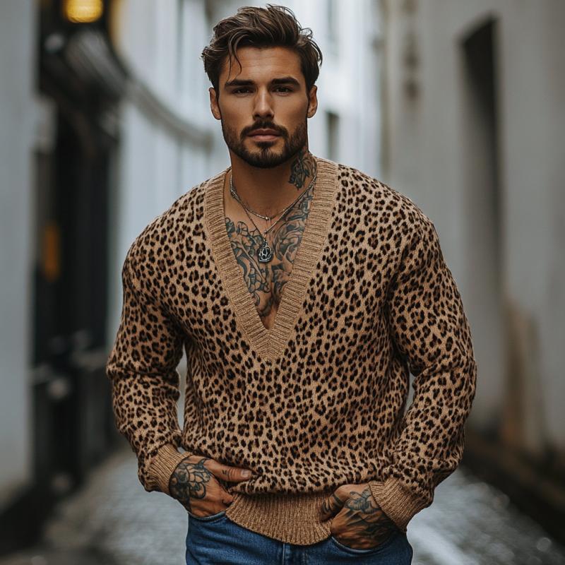 Men's Fashion Leopard Jacquard Deep V Neck Loose Knitted Sweater