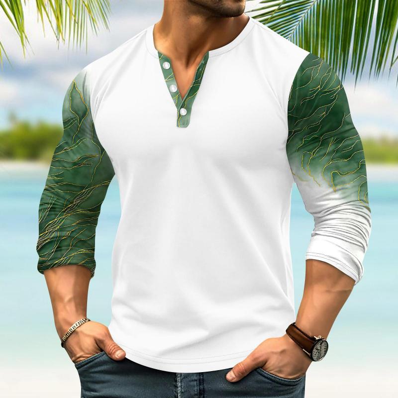 Men's Printed Stitching Henley Collar Long Sleeve T-shirt