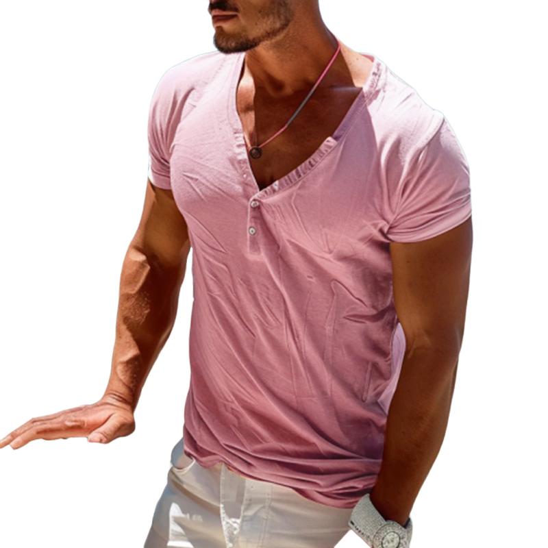 Men's Solid Buttons V Neck Short Sleeve T-shirt