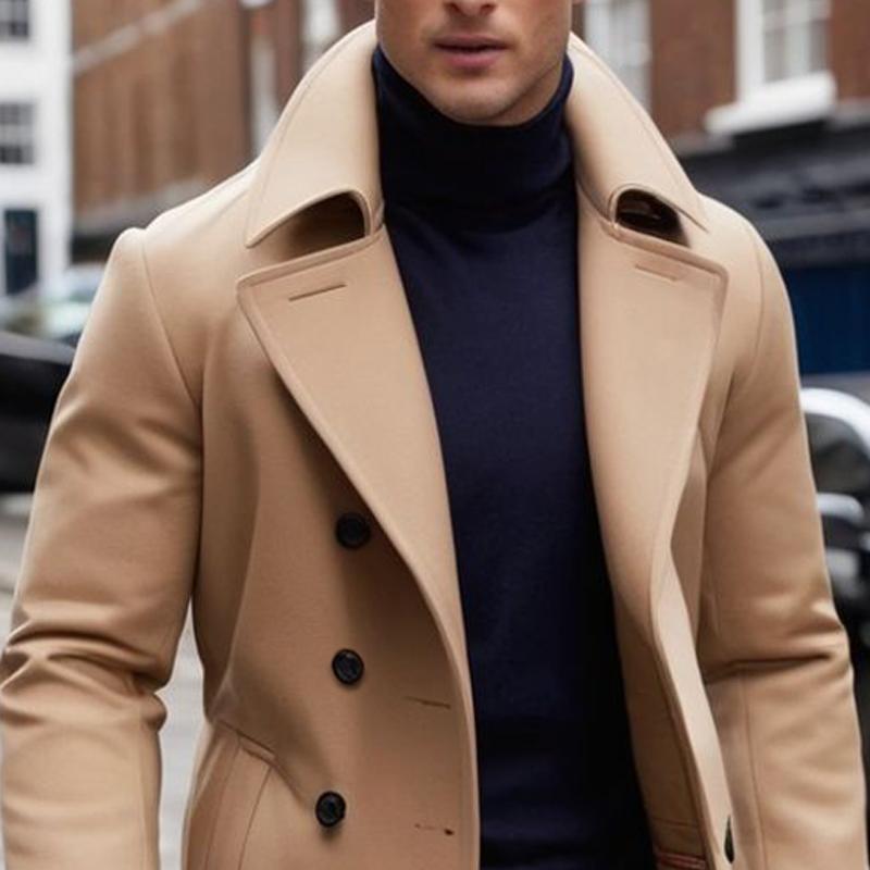 Men's Solid Color Lapel Double Breasted Mid-length Coat