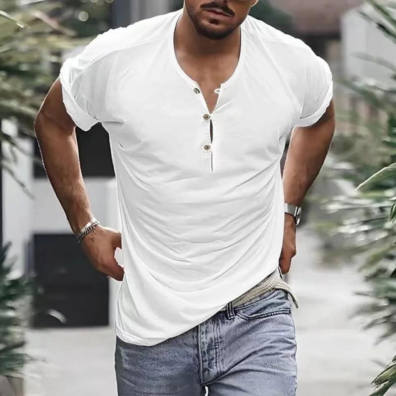 Men's Casual Solid Color Henley Collar Short Sleeve T-Shirt