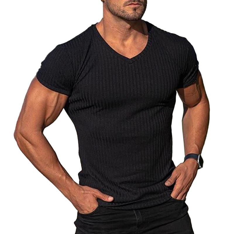 Men's V Neck Short Sleeve Striped T-shirt