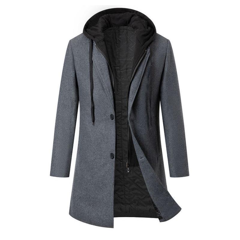 Men's Solid Color Padded Hooded Mid-Length Woolen Coat