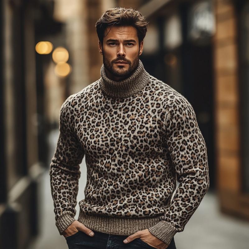 Men's Fashion Leopard Jacquard Turtleneck Warm Knitted Sweater