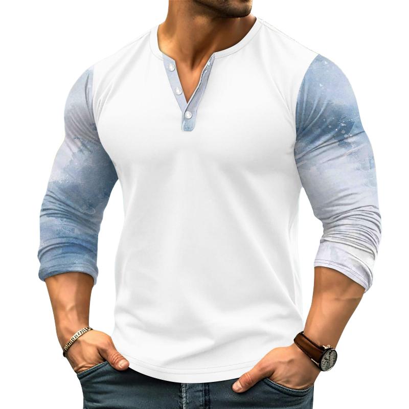 Men's Printed Stitching Henley Collar Long Sleeve ...