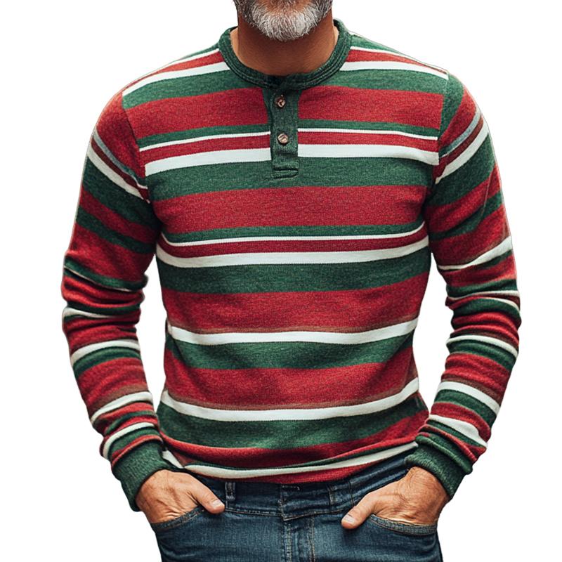 Men's Vintage Casual Christmas Striped Henley Long...