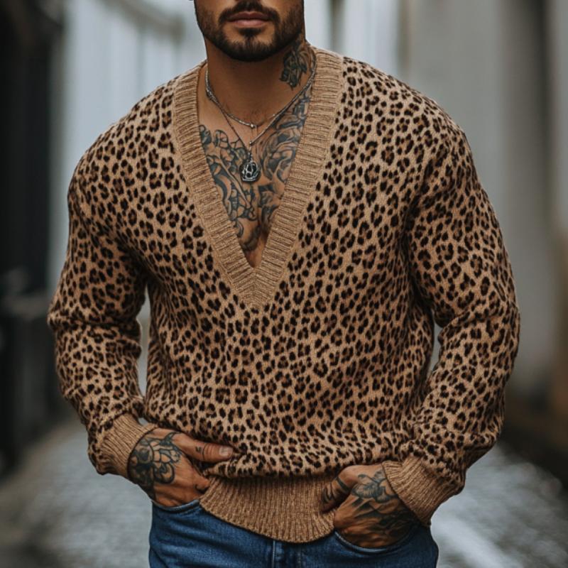 Men's Fashion Leopard Jacquard Deep V Neck Loose Knitted Sweater