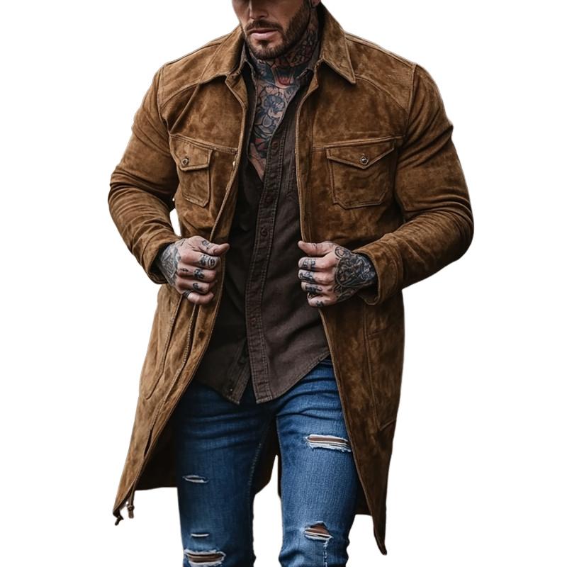 Men's Solid Color Suede Multi-Pocket Mid-Length Wi...